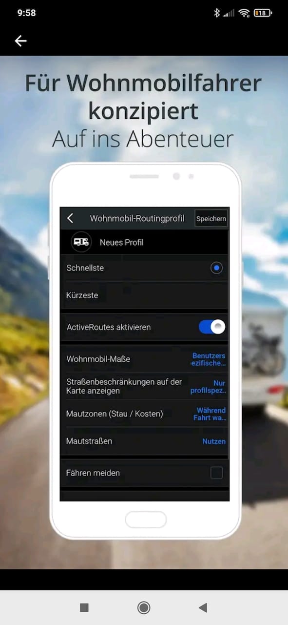 Screenshot von Copilot GPS zur Navigation von Wohnmobilen und Wohnwagen