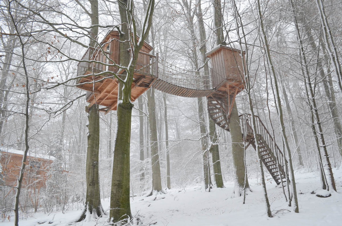 Übernachten in einem Baumhaus im Winter