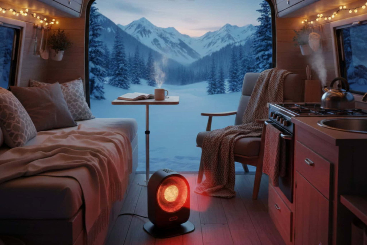 Gemütliches Camperinterior mit Blick auf schneebedeckte Berge.
