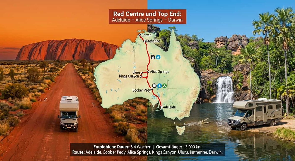 Alt: Camper in Australiens Outback mit Karte und Wasserfall im Hintergrund, klimatisiert und flexibel unterwegs.