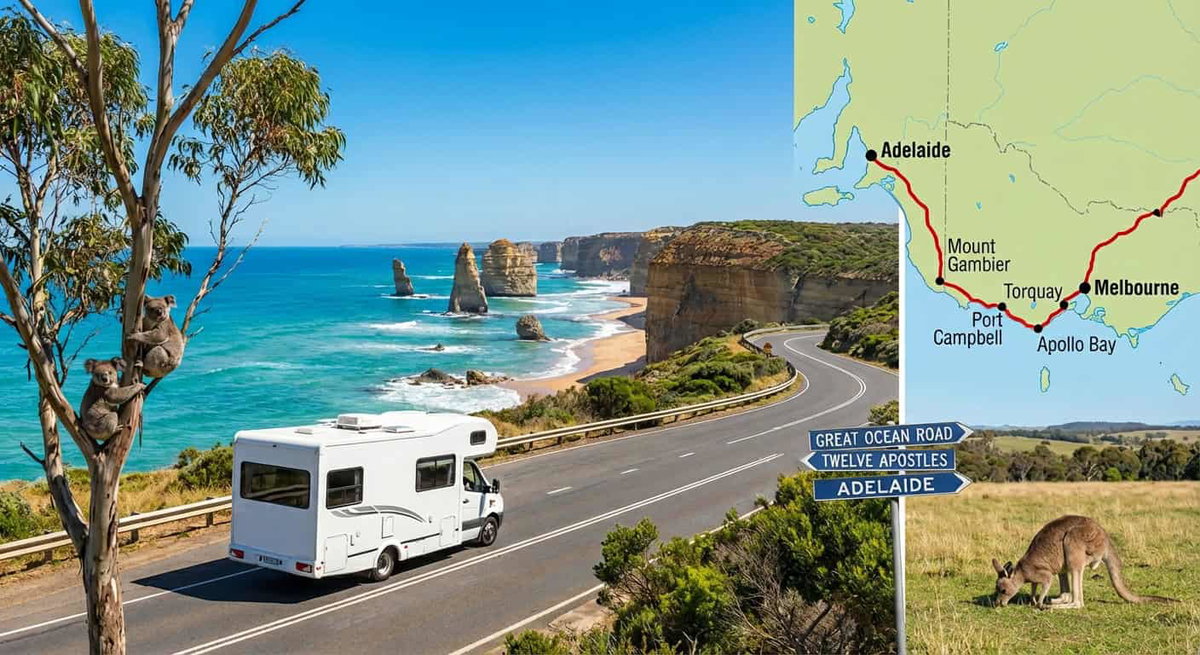 Alt-Text: Wohnmobil auf australischer Küstenstraße mit Kängurus, Felsen und Meer im Hintergrund.