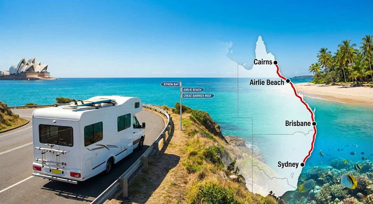 Ferienwohnmobil an der australischen Küste mit Blick auf das Meer.