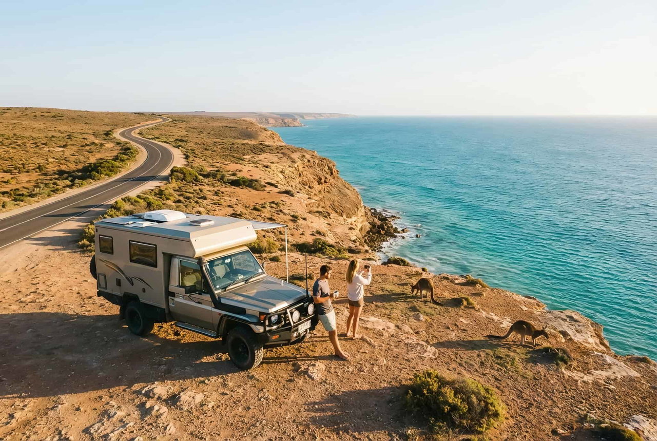 Una autocaravana moderna se alza sobre un acantilado mientras dos personas disfrutan de la vista del mar. Ideal para unas vacaciones de camping. 