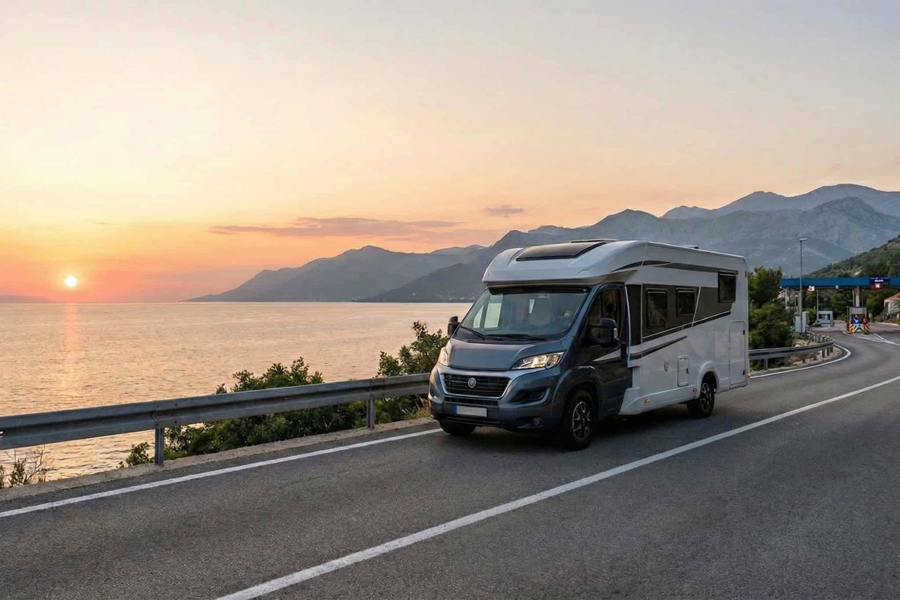 Moderne Wohnmobile für Roadtrips und Camping in atemberaubender Küstenlandschaft.
