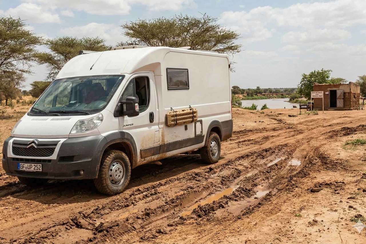 Robustes Campingmobil auf abenteuerlicher Reise durch die Wüste, ideal für Offroad-Camping und Naturerkundungen.